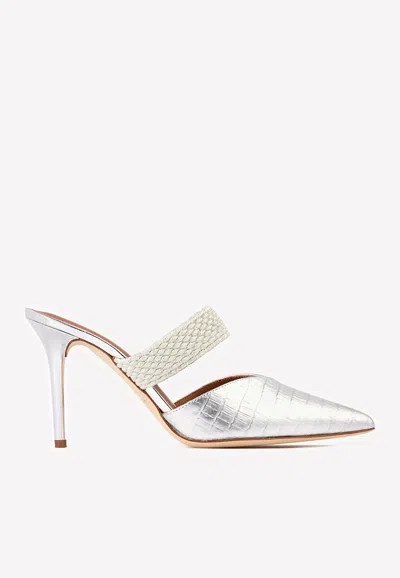 Malone Souliers Maisie 85 Croc-embossed Leather Mules With Braided Strap In Metallic