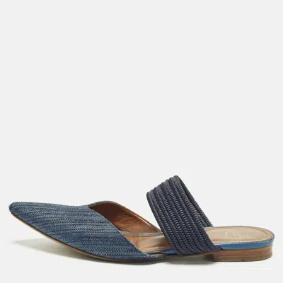 Pre-owned Malone Souliers Maisie Size 37.5 Navy Blue Woven Fabric And Cord Pointed Toe Flat Mules