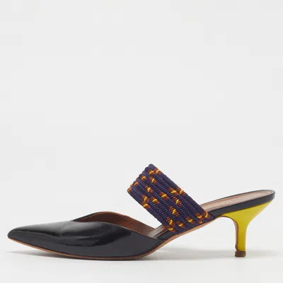 Pre-owned Malone Souliers Maisie Size 38.5 Black/navy Blue Cord And Patent Leather Mules