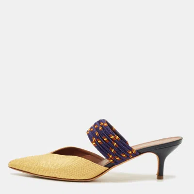 Pre-owned Malone Souliers Maisie Size 41 Gold/navy Blue Leather And Raffia Mules