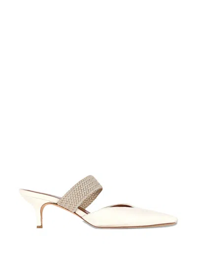 Pre-owned Malone Souliers Maisie Woven-strap Heeled Mules In Neutral