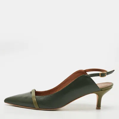 Pre-owned Malone Souliers Marion Size 39 Two Tone Leather Slingback Pumps In Green