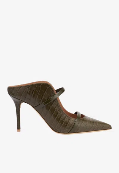 Malone Souliers Maureen 85 Croc-embossed Leather Mules In Green