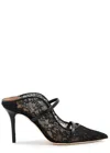 Malone Souliers Maureen 85 Leather-trimmed Lace Mules In Black