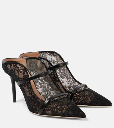 Malone Souliers Maureen 85 Leather-trimmed Lace Mules In Black