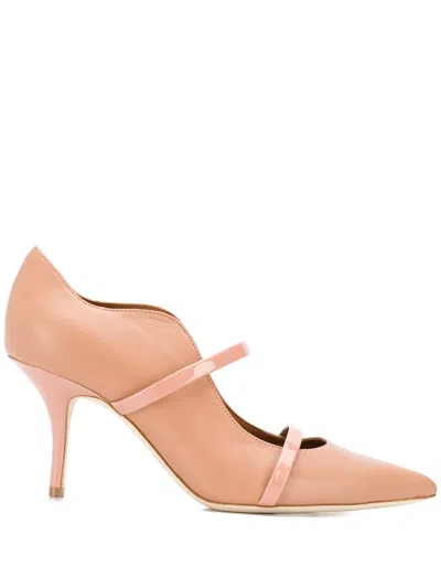 Malone Souliers Maureen 85 Nappa And Patent Leather Mules In Beige