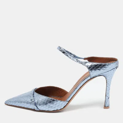 Pre-owned Malone Souliers Metallic Blue Snakeskin Embossed Leather Uma Mules Size 39