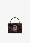 Malone Souliers Mini Audrey Crest Buckle Top Handle Bag In Croc-embossed Leather In Ebony
