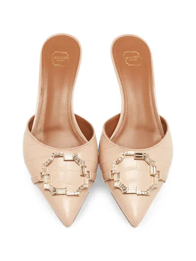 Pre-owned Malone Souliers Missy Croc-embossed Heeled Mules In Neutral