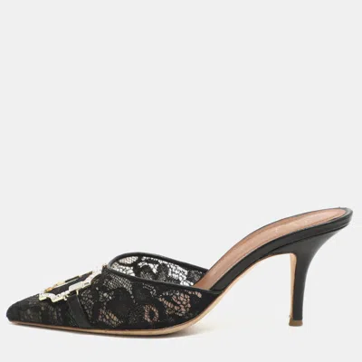 Pre-owned Malone Souliers Missy Embellished Size 37 Black Lace Mules