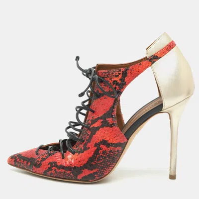 Pre-owned Malone Souliers Montana Size 38 Red Snakeskin Leather Lace Up Pumps