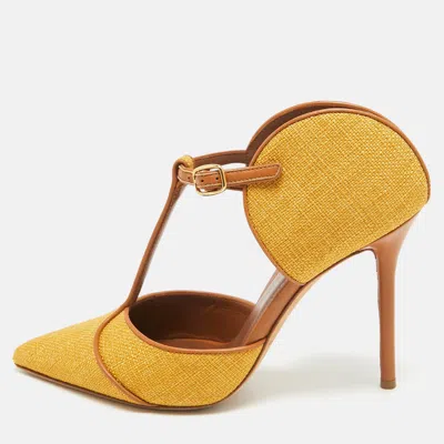Pre-owned Malone Souliers Mustard/brown Raffia And Leather Imogen Mule Sandals Size 38 In Yellow