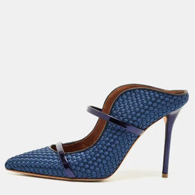 Pre-owned Malone Souliers Navy Blue Woven Satin And Leather Maureen Mules Size 40.5