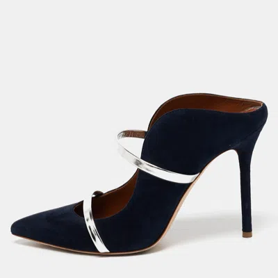 Pre-owned Malone Souliers Navy Blue/silver Suede And Leather Maureen Mules Size 38.5