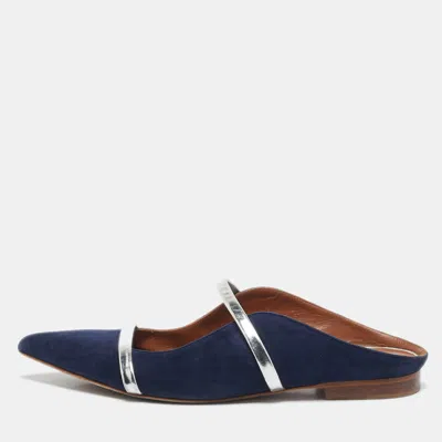 Pre-owned Malone Souliers Navy Blue/silver Velvet And Leather Maureen Flat Mules Size 37
