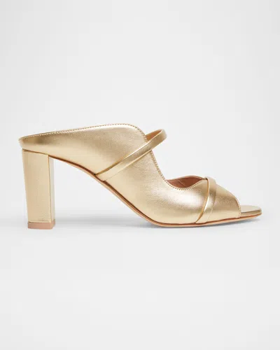 Malone Souliers Norah Metallic Leather Two-band Block Heel Sandals In Antique Gold