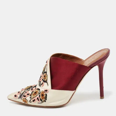 Malone Souliers Off White/burgundy Satin Floral Embroidered Pointed Toe Mules
