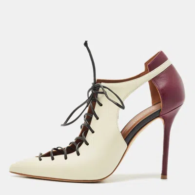 Pre-owned Malone Souliers Off White/purple Leather Montana Lace Up Pumps Size 38.5