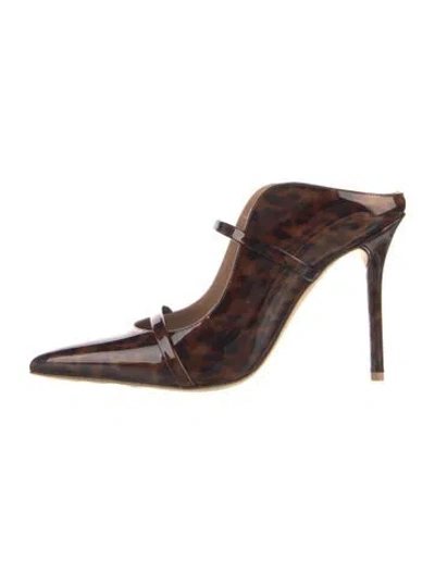 Pre-owned Malone Souliers Patent Leather Animal Print Mules In Brown