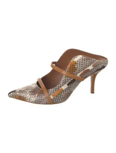 Pre-owned Malone Souliers Patent Leather Animal Print Mules In Brown