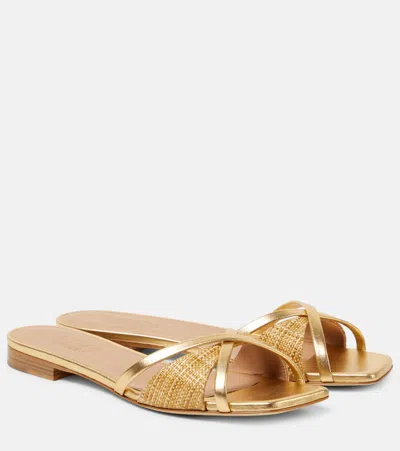 Malone Souliers Penn Raffia And Metallic Leather Slides In Gold
