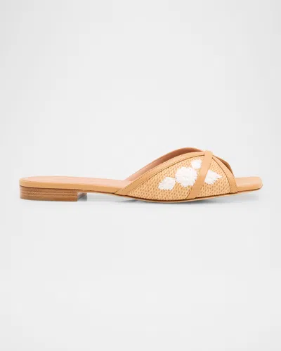 Malone Souliers Perla Embroidered Raffia Flat Slide Sandals In Camel Honey