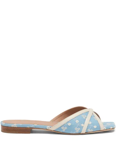 Malone Souliers Perla Embroidered Denim Flat Slide Sandals In Blue