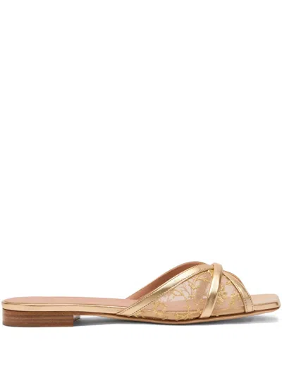 Malone Souliers Perla Gold Flower-embroidered Flat Sandals