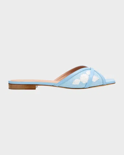 Malone Souliers Perla Raffia Leather Flat Slide Sandals In Blue