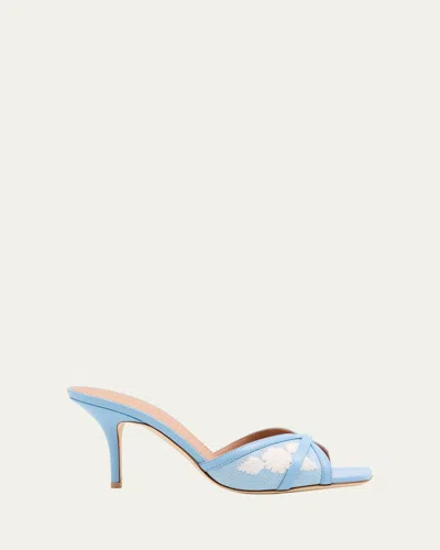 Malone Souliers Perla Raffia Leather Stiletto Slide Sandals In Sky Blue White
