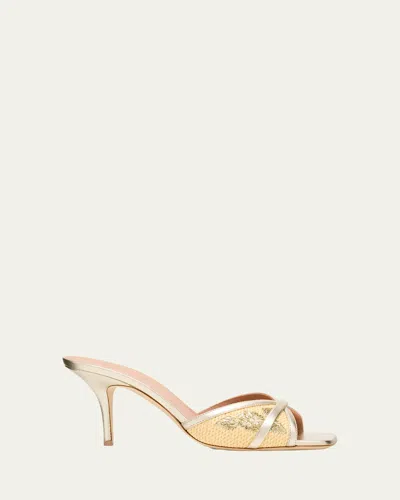 Malone Souliers Perla Raffia Metallic Stiletto Slide Sandals In Gold