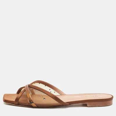 Pre-owned Malone Souliers Perla Size 40 Metallic Gold Leather And Net And Satin Flat Slide