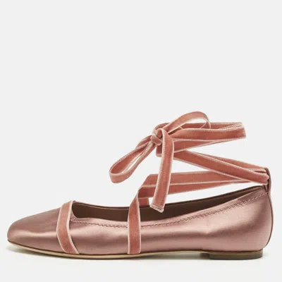 Pre-owned Malone Souliers Pink Satin And Velvet Spencer Ankle Wrap Ballet Flats Size 40