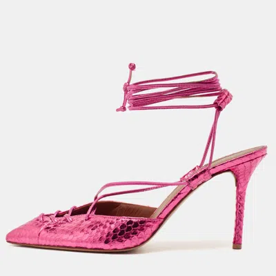 Pre-owned Malone Souliers Pink Snakeskin Embossed Patent Leather Marianna Pumps Size 39