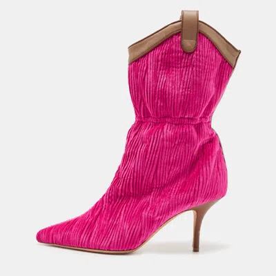 Pre-owned Malone Souliers Pink/brown Pleated Velvet And Leather Daisy Mid Calf Boots Size 37.5