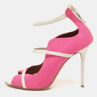 Pre-owned Malone Souliers Pink/white Canvas And Leather Mika Triple Band Peep Toe Sandals Size 40