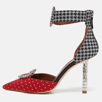 Pre-owned Malone Souliers Red/black Canvas Camille Ankle Strap Pumps Size 38