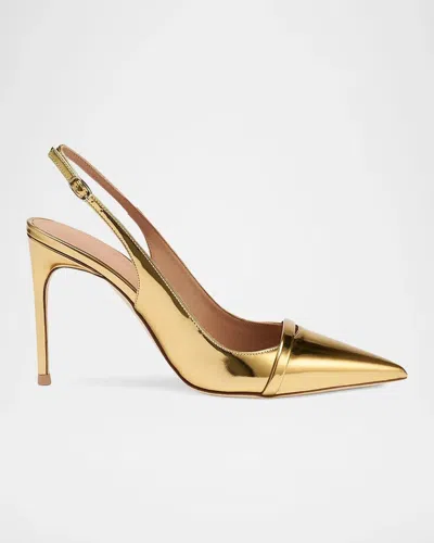 Malone Souliers Schiffer 90mm Patent Leather Slingback Pumps In Gold
