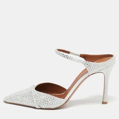 Pre-owned Malone Souliers Silver Satin Crystal Embellished Uma Mules Size 41