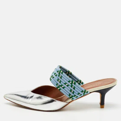 Pre-owned Malone Souliers Silver/blue Metallic Leather And Stretch Band Maisie Mules 37