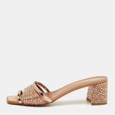Pre-owned Malone Souliers Size 39.5 Gold Leather And Suede Crystal Embellished Slide Sandals