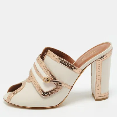 Pre-owned Malone Souliers Size 40 Cream/gold Leather Peep Toe Mules In White