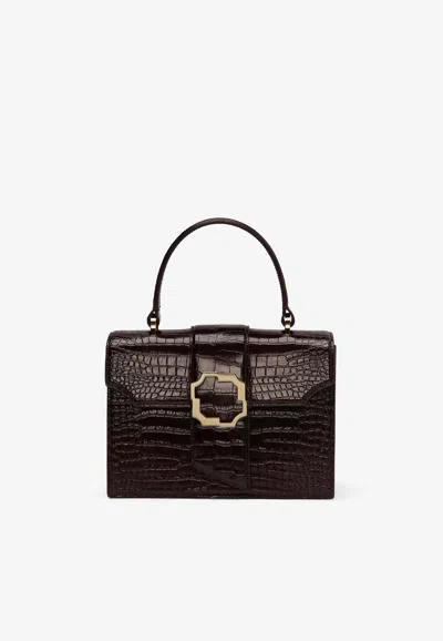 Malone Souliers Small Audrey Crest Buckle Top Handle Bag In Croc-embossed Leather In Brown