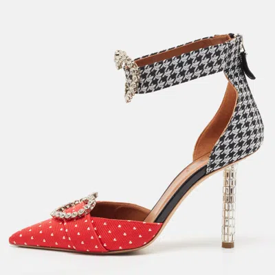 Pre-owned Malone Souliers Tricolor Canvas Camille Ankle Strap Pumps Size 38 In Red
