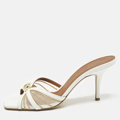 Pre-owned Malone Souliers White Leather And Mesh Perla Slide Sandals Size 38