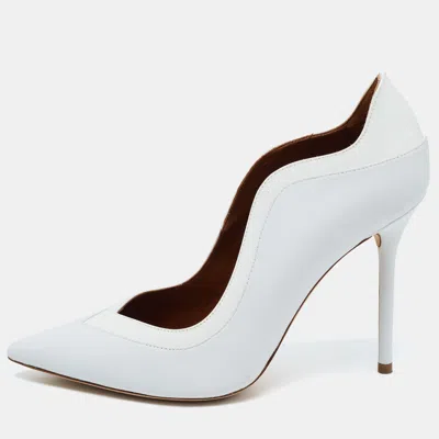 Malone Souliers White Leather And Patent Penelope Pointed Toe Pumps In Blue