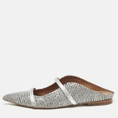Pre-owned Malone Souliers White/black Dotted Snakeskin Leather Maureen Flat Mules Size 38