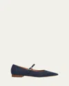 Malone Souliers X Tabitha Simmons Linen Pointed-toe Mary-jane Flats In Navy
