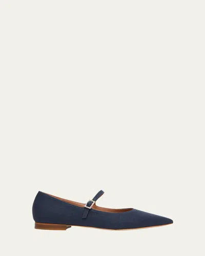 Malone Souliers X Tabitha Simmons Linen Pointed-toe Mary-jane Flats In Navy