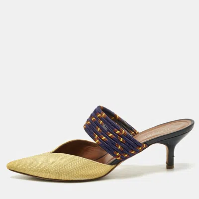 Pre-owned Malone Souliers Yellow/navy Blue Raffia And Cord Maisie Pointed Toe Mules Size 39